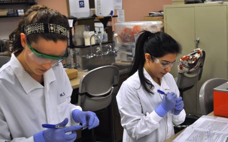 Two students in lab coats, goggles, and gloves